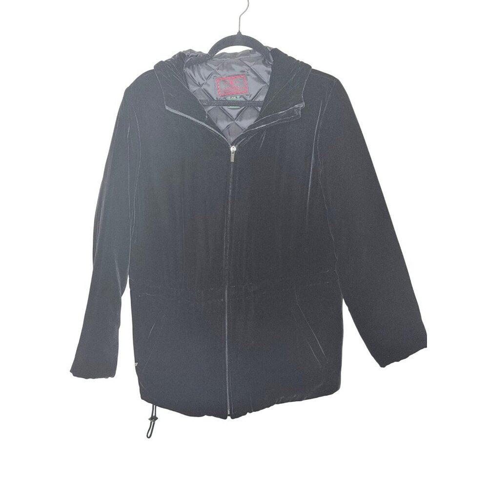 Lauren Ralph Lauren Jacket S Petite Black Silk Blend Faux Fur Hooded Quilted Zip